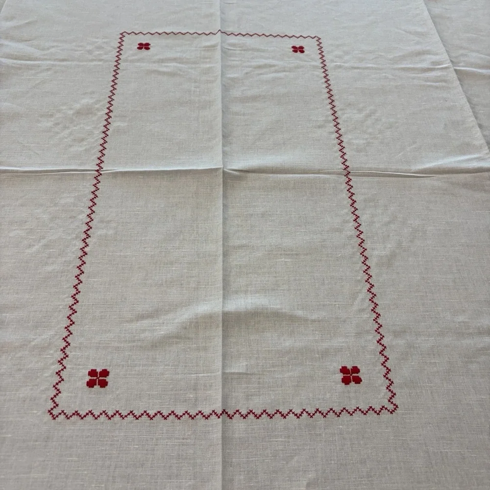 Vintage Cross Stitch Linen Tablecloth Napkin Set Red Black Folk Art Farmhouse